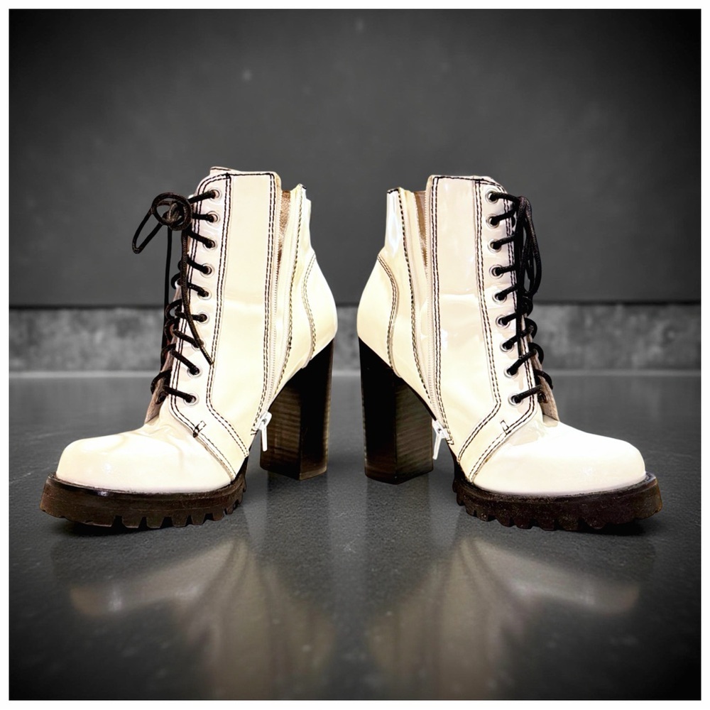 Jeffrey Campbell Cream Leather Lace-Up Heeled Combat Boots | 9.5